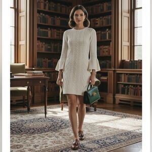 Eliza J. Ivory Cream Cable Knit Sweater Dress Bell Sleeves